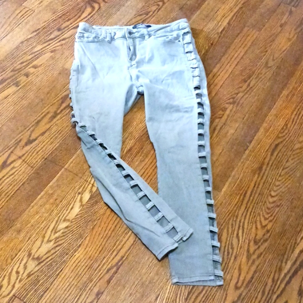ANGEL KISS Jeans Thigh High Decorative Side Openings Size 13 Light Olive Green
